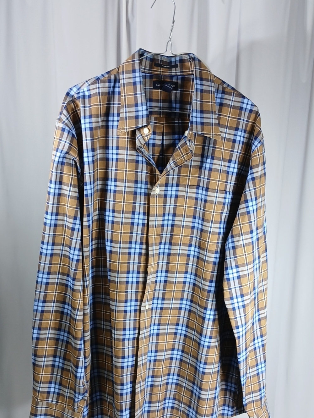 Lands End Men's Casual cotton Plaid Button-Down Shirt — Blue & Tan